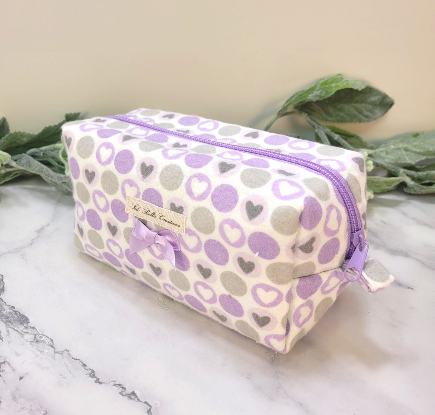 Purple Polka-dot boxy makeup bag, travel must-haves, cosmetic bag. size S
