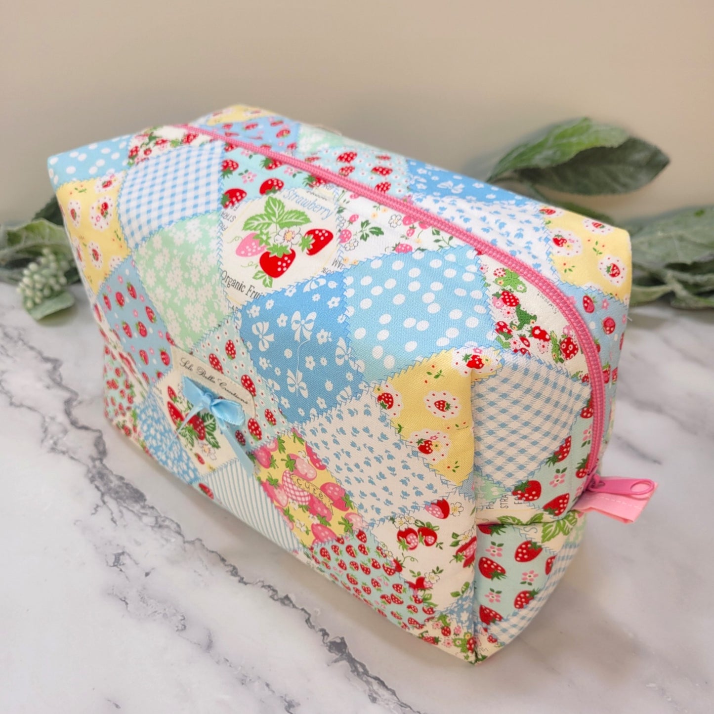 Blue Strawberry Patch boxy makeup bag, travel must-haves, cosmetic bag. size L