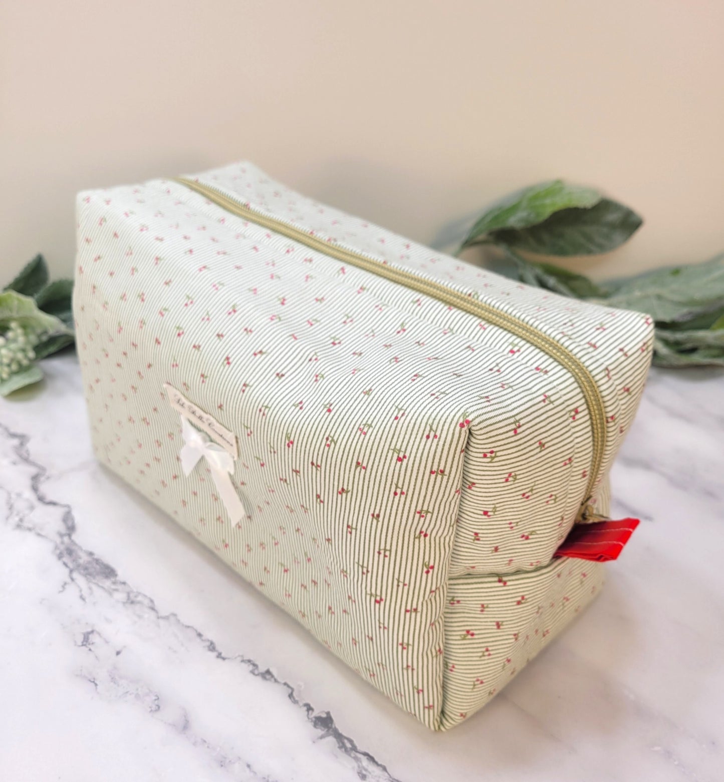 Pinstripe Cherries boxy makeup bag, travel must-haves, cosmetic bag. size L