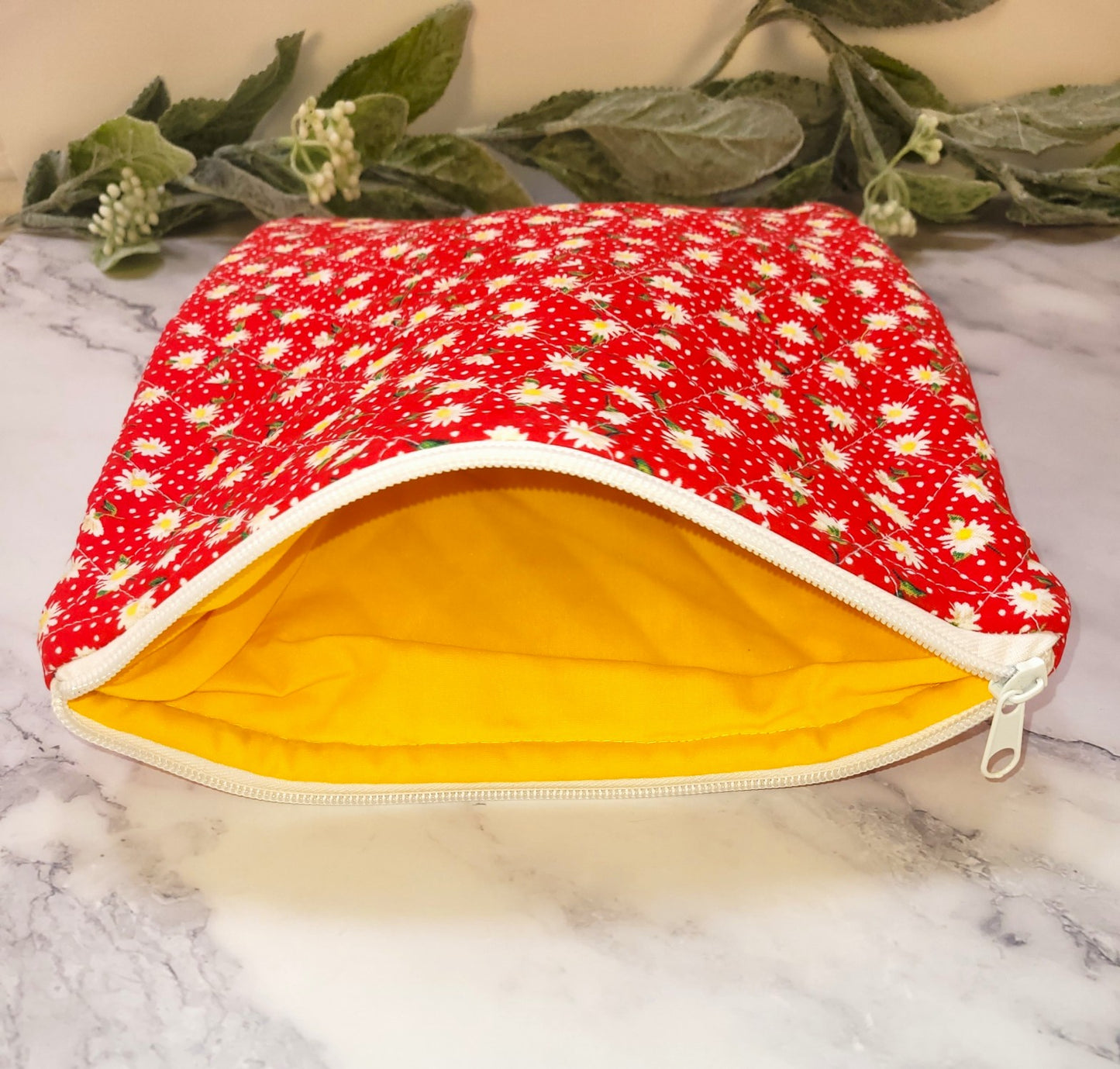 Red Daisy Dots quilted protective sleeve. size M