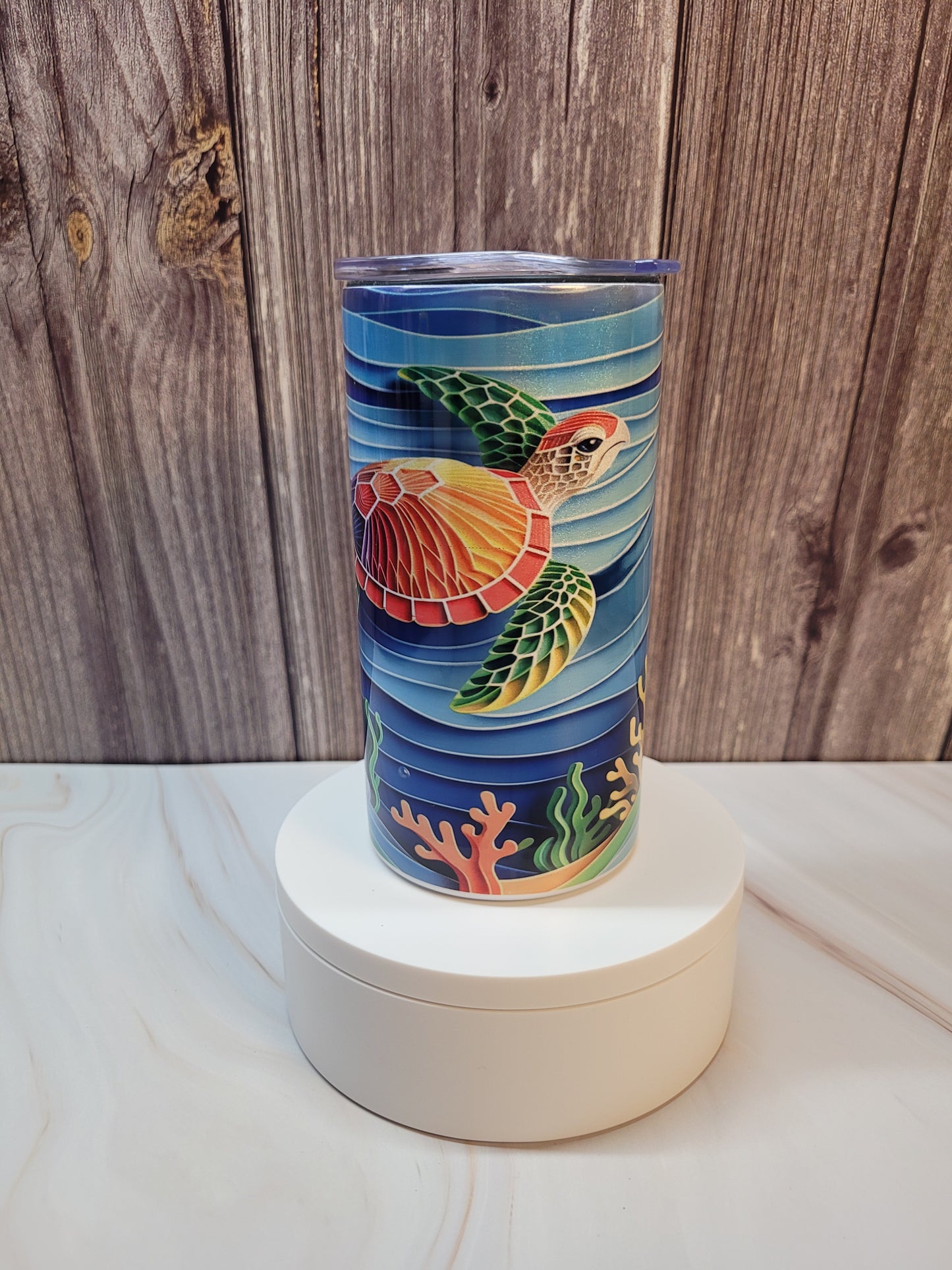 Mosaic Sea Turtle insulated 12 oz. steel tumbler, screw on lid