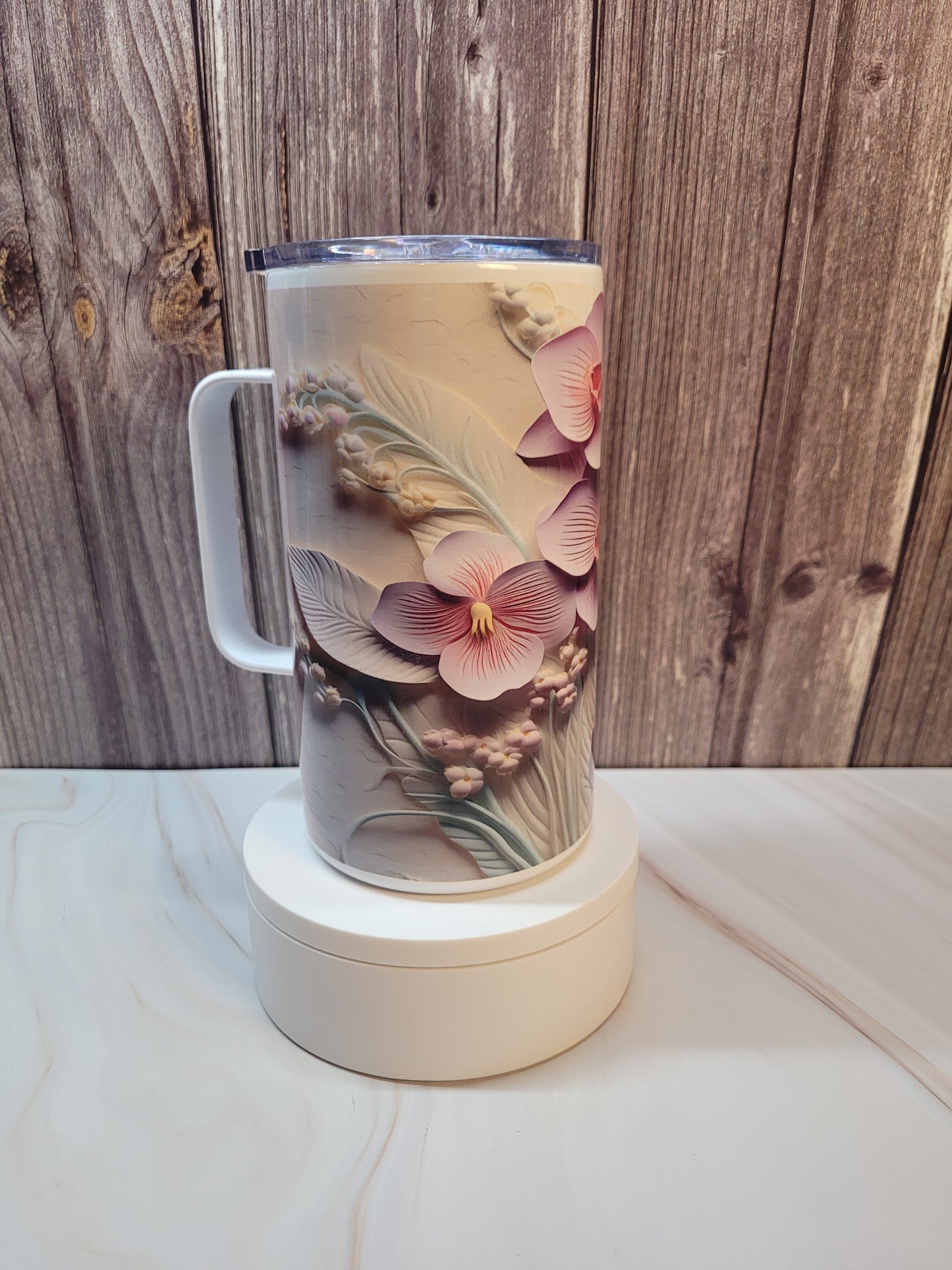 Pink Orchids insulated 20 oz. steel mug with handle