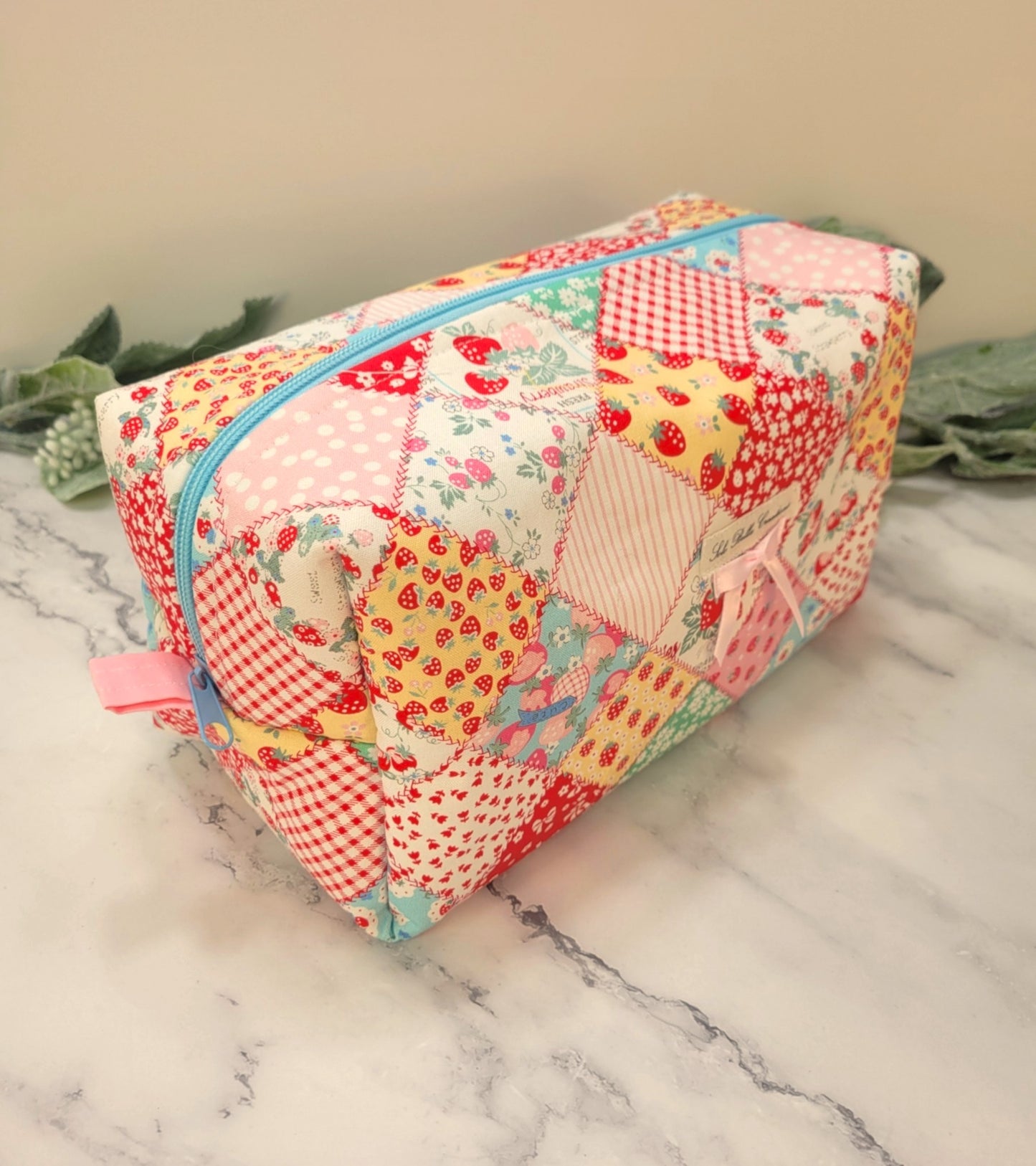 Pink Strawberry Patch boxy makeup bag, travel must-haves, cosmetic bag. size L