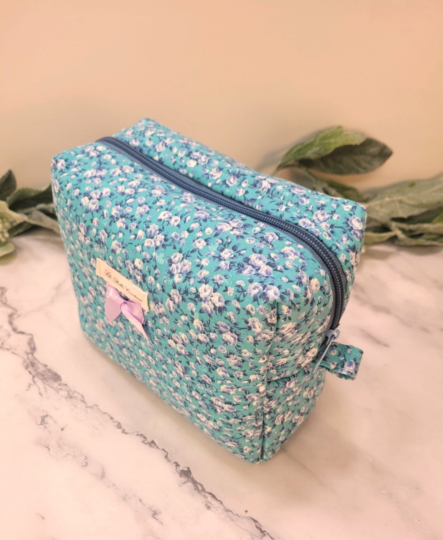 Ditsy Teal Floral boxy makeup bag, travel must-haves, cosmetic bag. size L