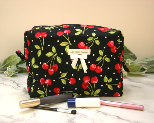 Black Cherry boxy makeup bag, travel must-haves, cosmetic bag. size L