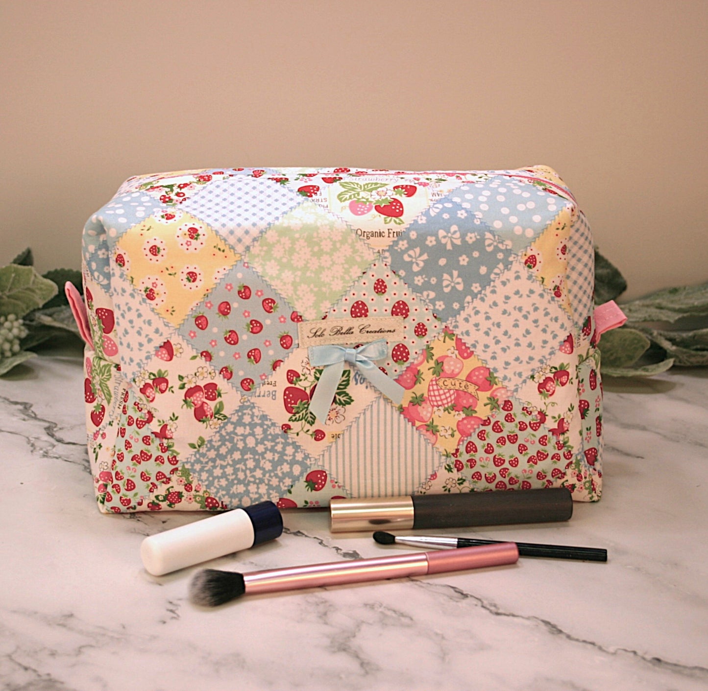 Blue Strawberry Patch boxy makeup bag, travel must-haves, cosmetic bag. size L