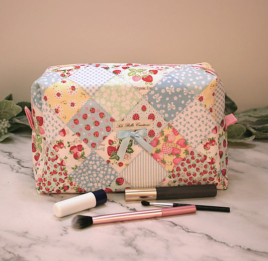 Blue Strawberry Patch boxy makeup bag, travel must-haves, cosmetic bag. size L