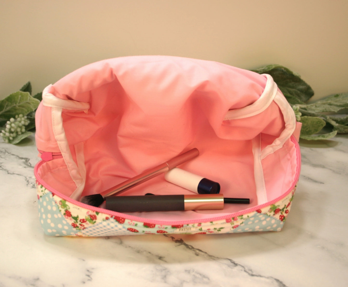 Blue Strawberry Patch boxy makeup bag, travel must-haves, cosmetic bag. size L