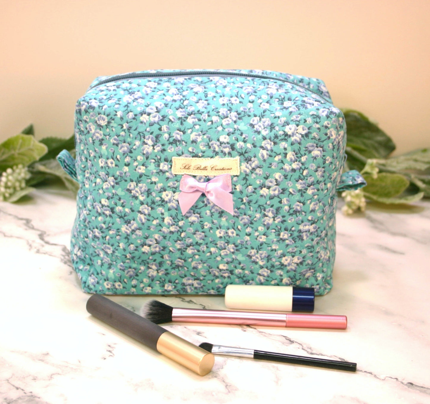 Ditsy Teal Floral boxy makeup bag, travel must-haves, cosmetic bag. size L