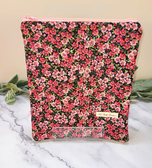 Pink Pansies quilted protective sleeve. size S