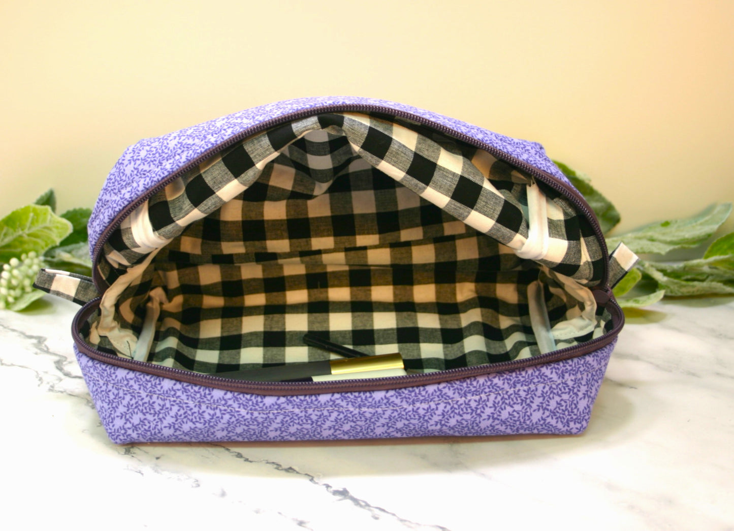 Lavender Vines boxy makeup bag, travel must-haves, cosmetic bag. Size L