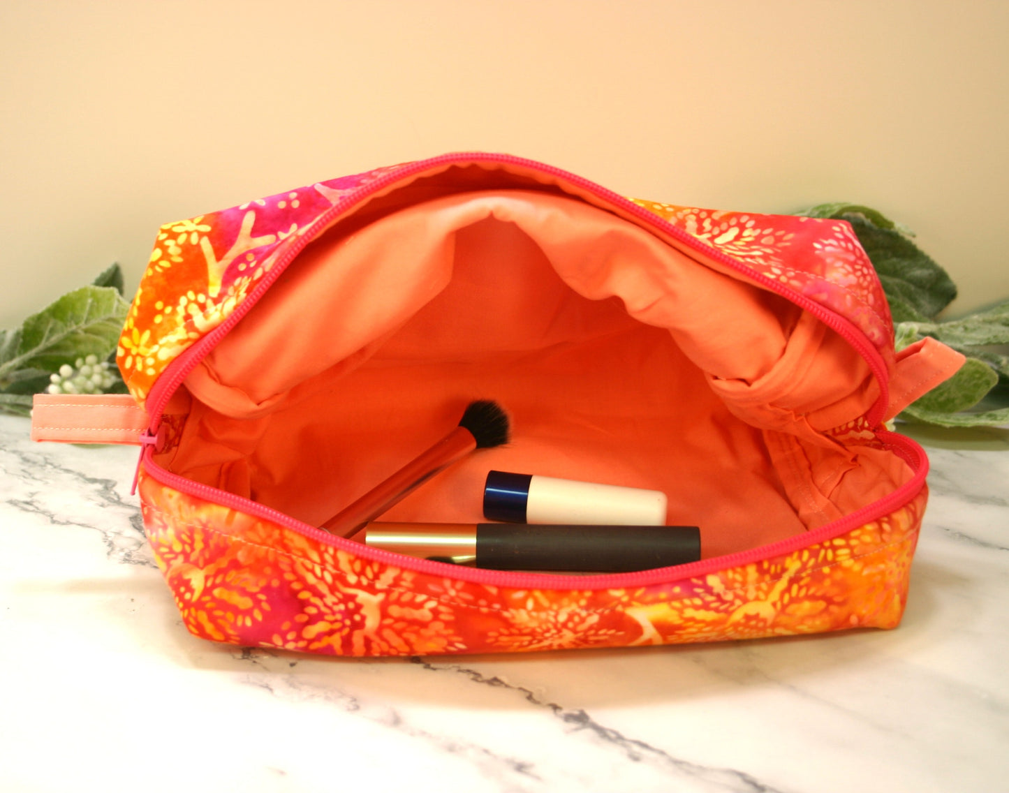 Orange Marble boxy makeup bag, travel must-haves, cosmetic bag. size L