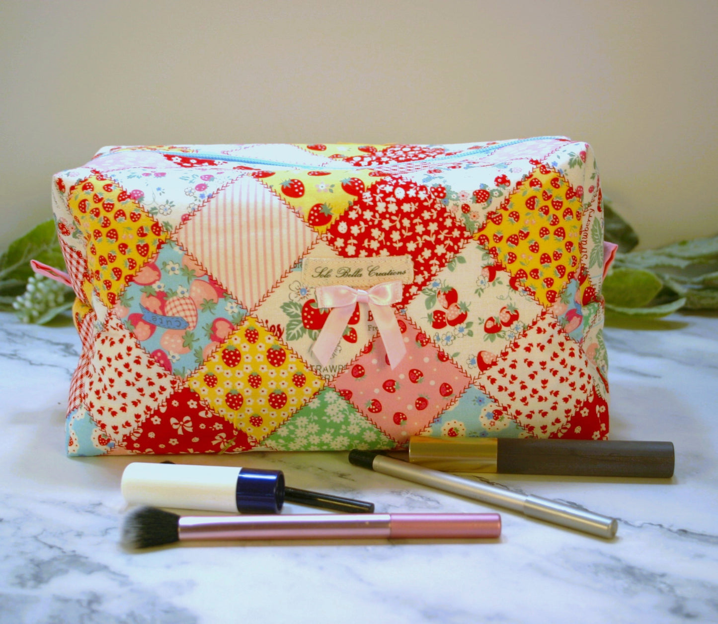 Pink Strawberry Patch boxy makeup bag, travel must-haves, cosmetic bag. size L
