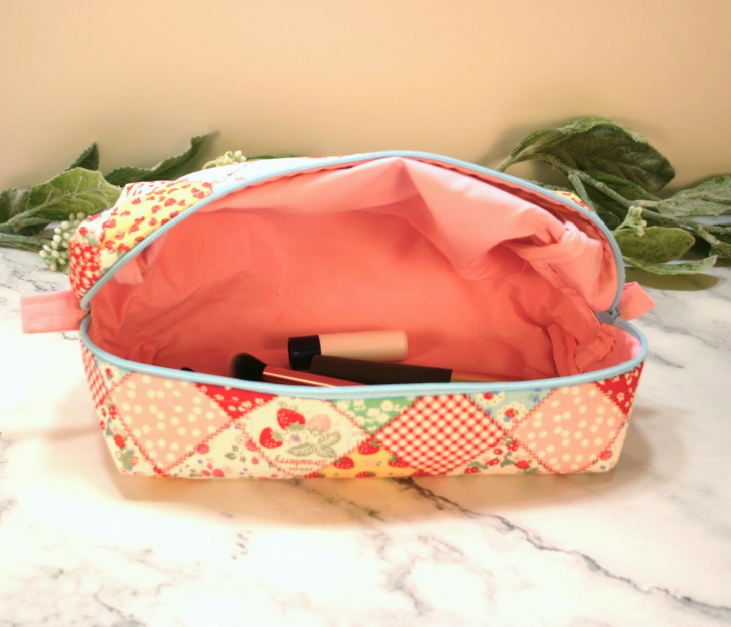 Pink Strawberry Patch boxy makeup bag, travel must-haves, cosmetic bag. size L