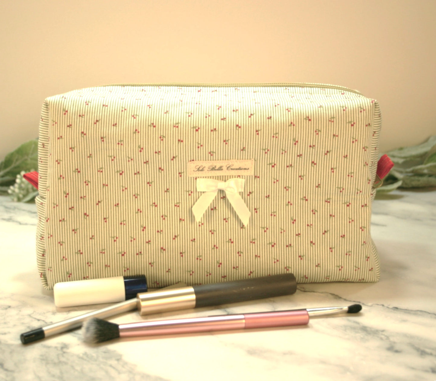 Pinstripe Cherries boxy makeup bag, travel must-haves, cosmetic bag. size L