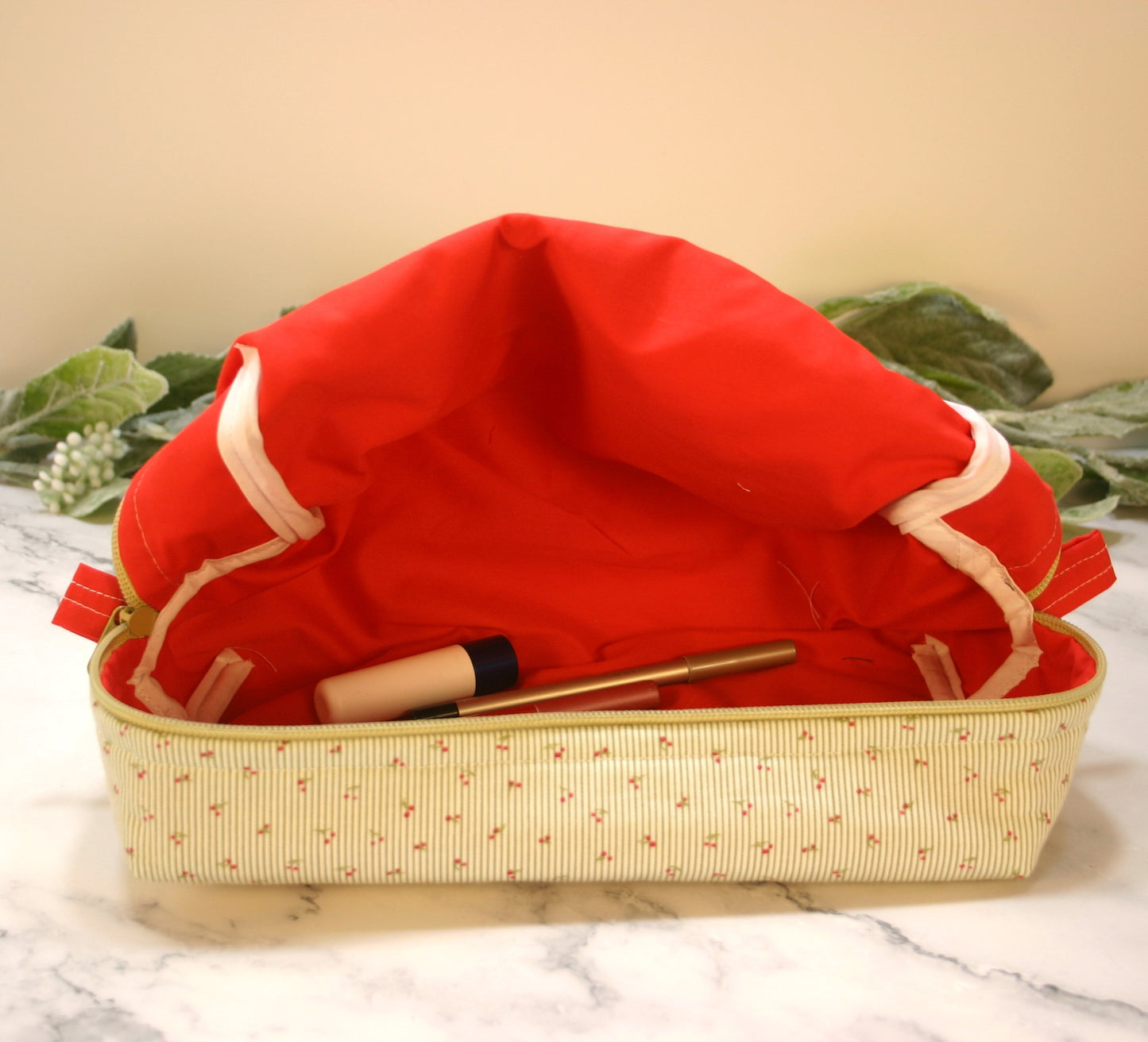 Pinstripe Cherries boxy makeup bag, travel must-haves, cosmetic bag. size L