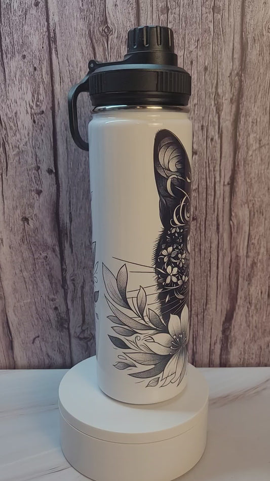 Black cat insulated 20oz. steel screw top water bottle.