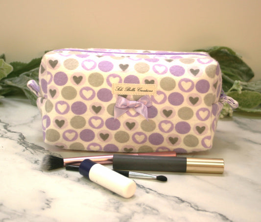 Purple Polka-dot boxy makeup bag, travel must-haves, cosmetic bag. size S