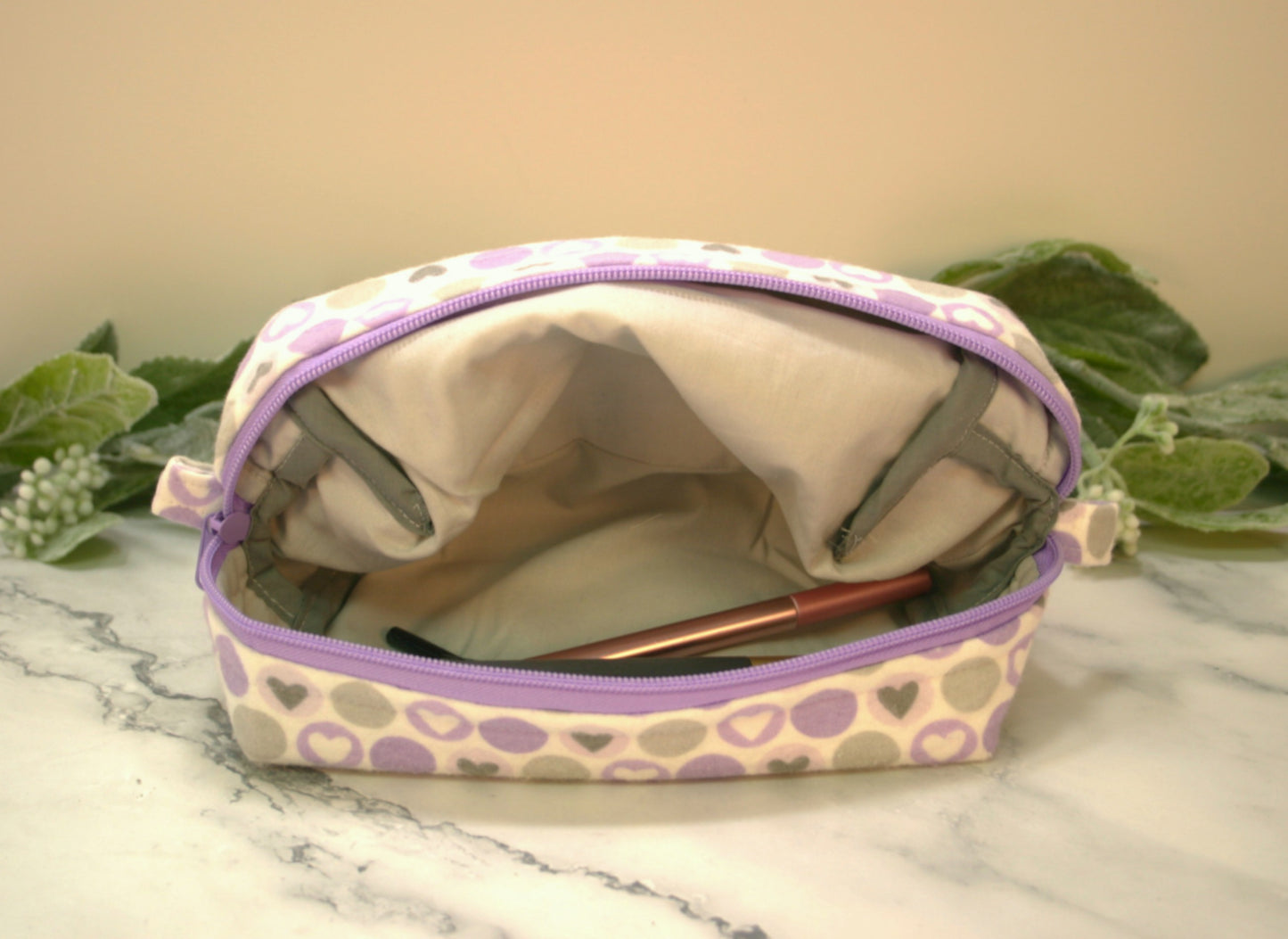 Purple Polka-dot boxy makeup bag, travel must-haves, cosmetic bag. size S
