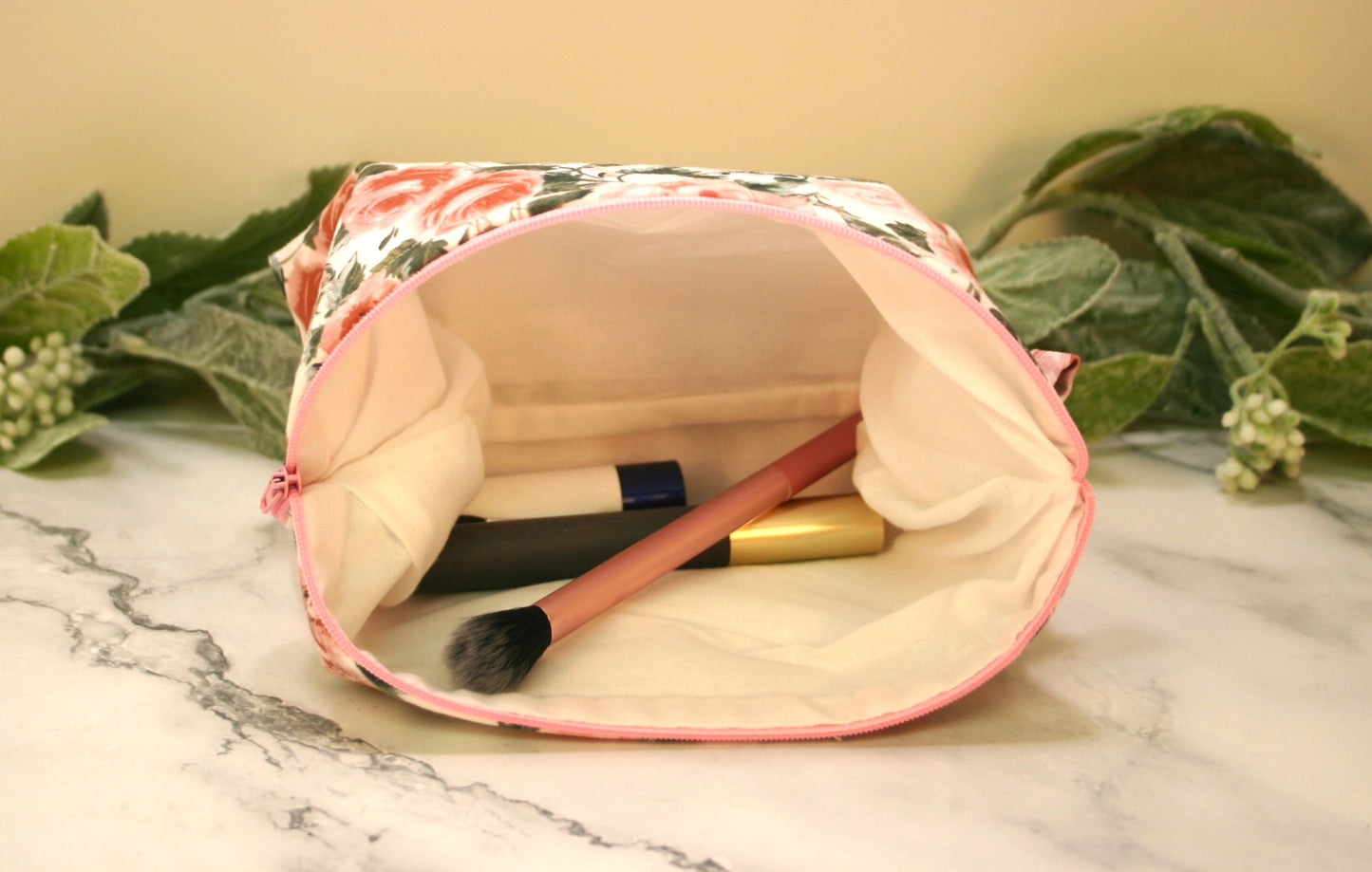 Rose Garden makeup pouch, travel must-haves, cosmetic bag.